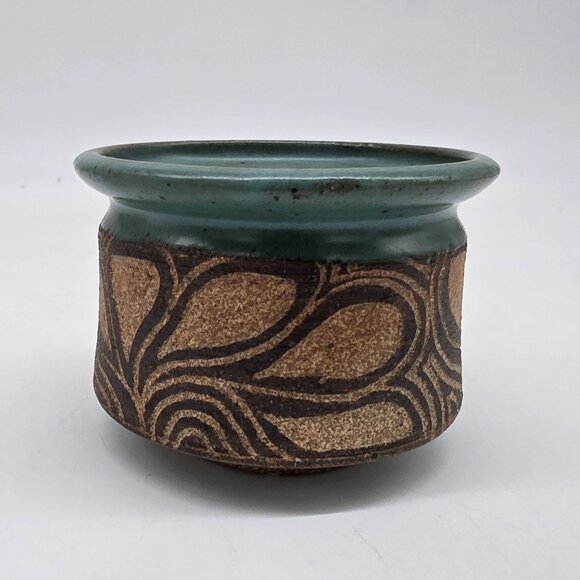 Handmade Green & Brown Ceramic Vase Pot With Textured Floral Design Signed - Picture 7 of 9